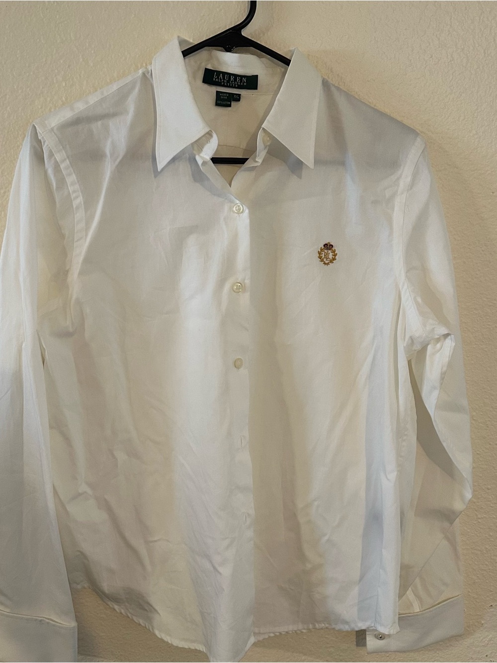Ralph Lauren White Dress Shirt with Gold Crest Embroidery Petite L